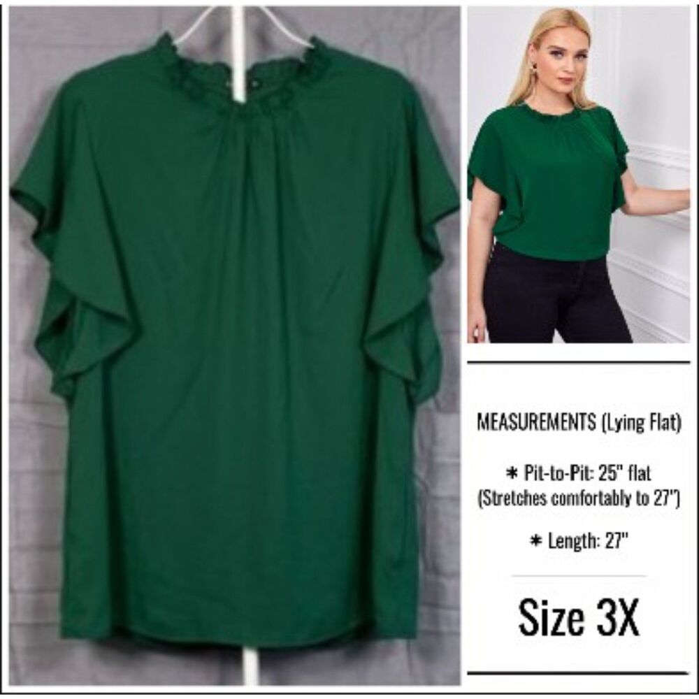 SHEIN Curve ClasiGreen Frill Neck Butterfly Sleeve Top Plus Size 3X (Fits 22/24)